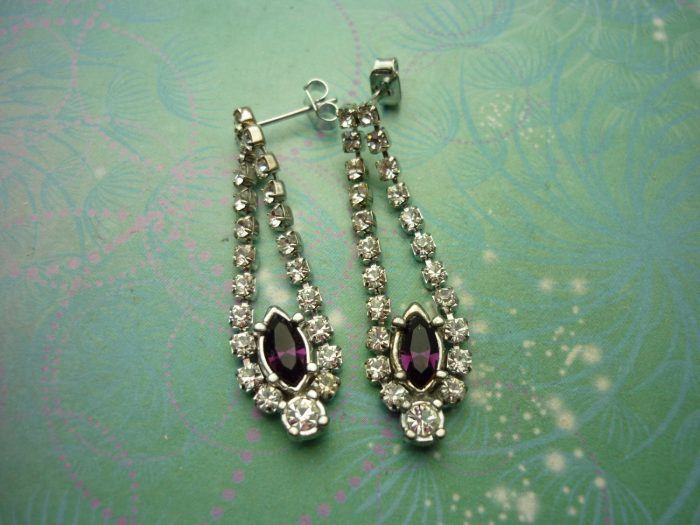 Vintage Crystal Silver Earrings - Purple