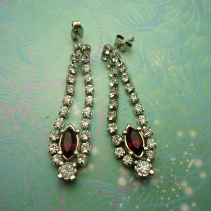 Vintage Crystal Silver Earrings - Red