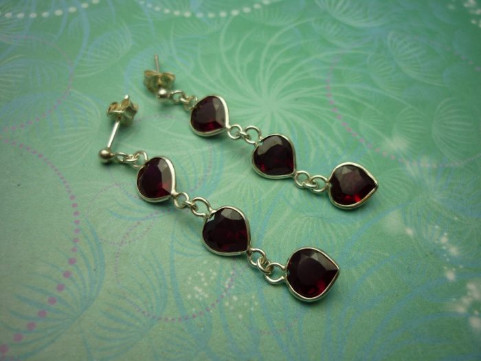 Vintage Sterling Silver Earrings - 3 drop Garnet Hearts