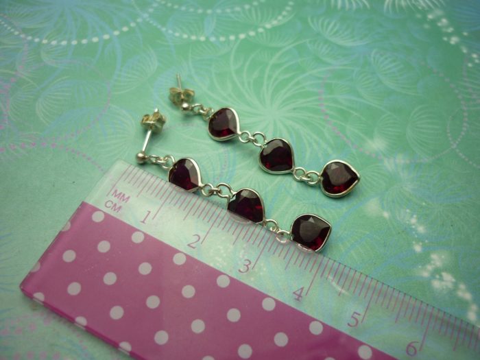 Vintage Sterling Silver Earrings - 3 drop Garnet Hearts