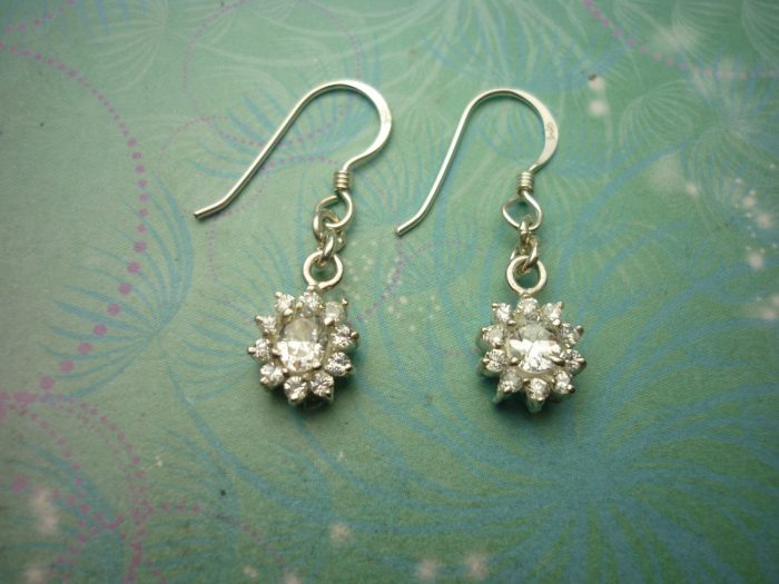 Vintage Sterling Silver Earrings - Flower Drops set with Cubic Zirconias