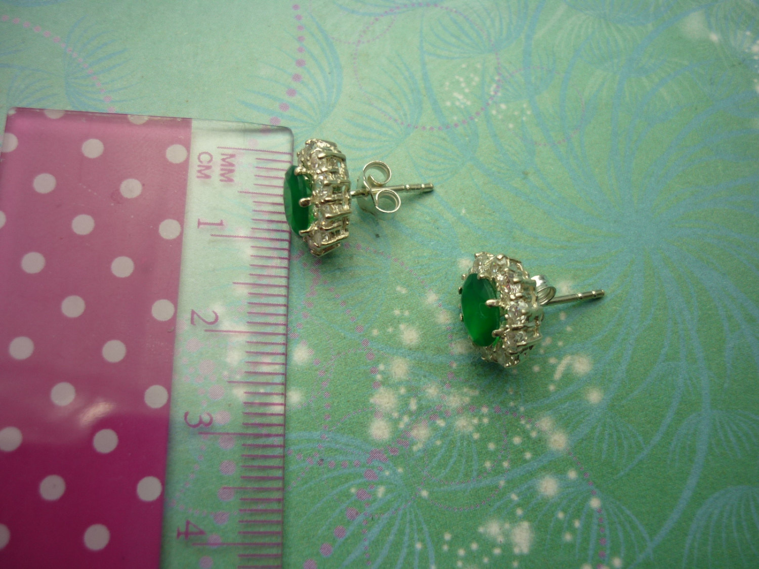 Vintage Sterling Silver Earrings - Green Chalcedony and Cubic Zirconias