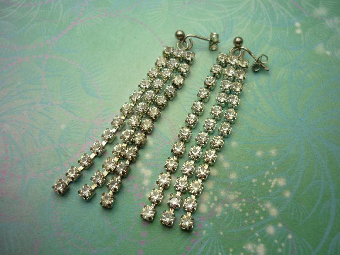 Vintage Sterling Silver Earrings - Long Dangly Crystals