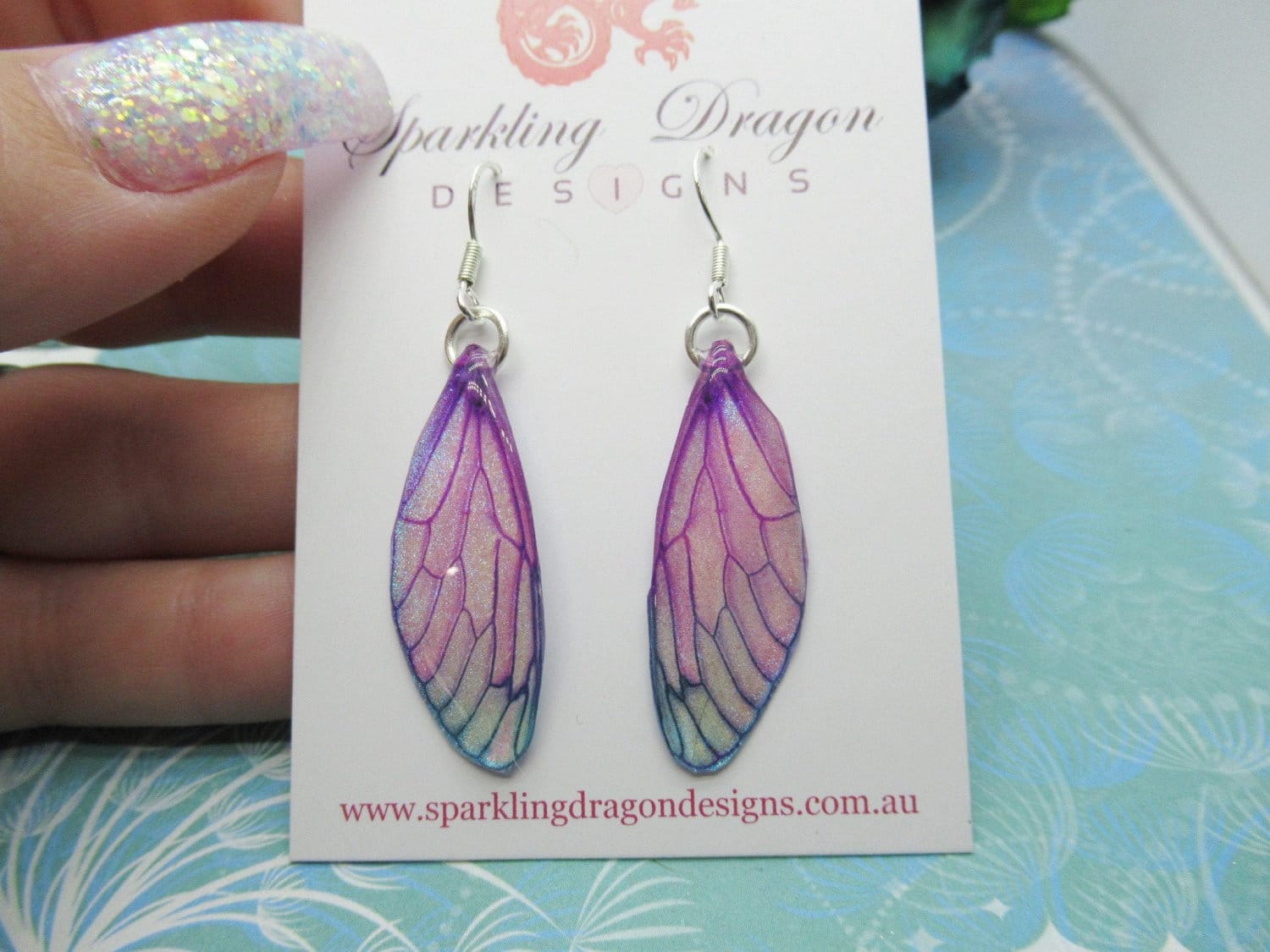 Butterfly Earrings Pale Pink Blue Sparkle - Fairy Jewellery, Fun Gift for her Statement Present Sparkly Boho Resin with Glitter Finish