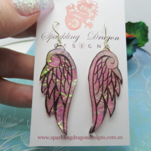 Sparkling Angel Wing Earrings, Pink and Gold - New Age Boho gift - Resin with Glitter Finish