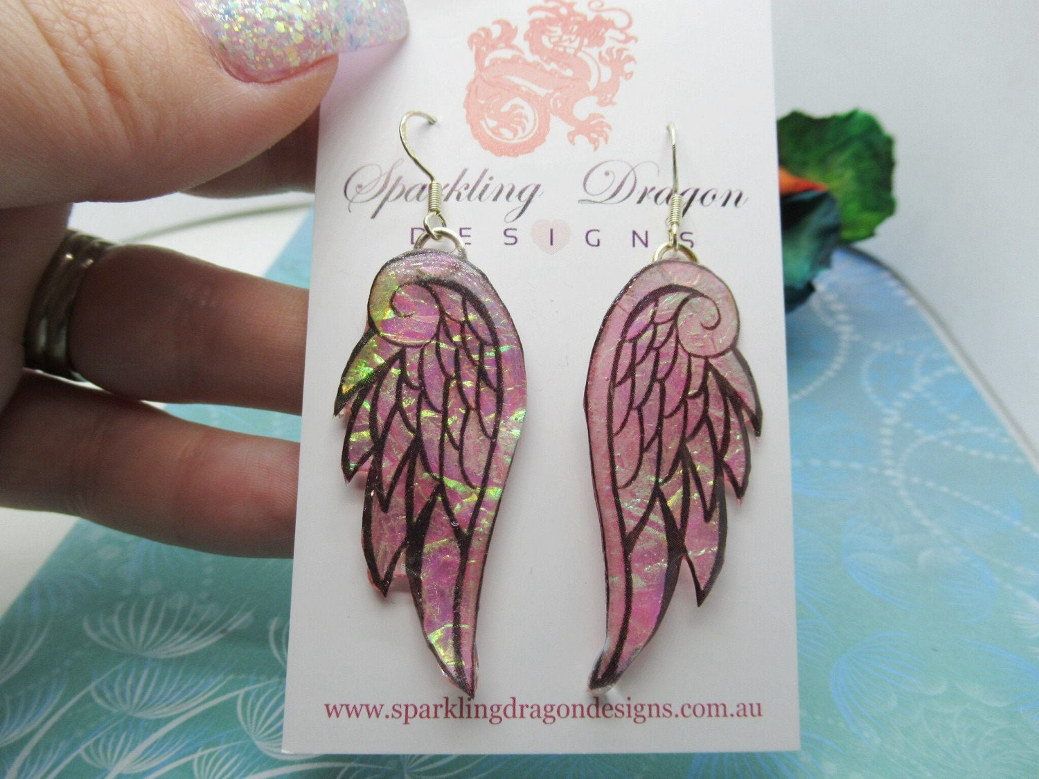 Sparkling Angel Wing Earrings, Pink and Gold - New Age Boho gift - Resin with Glitter Finish