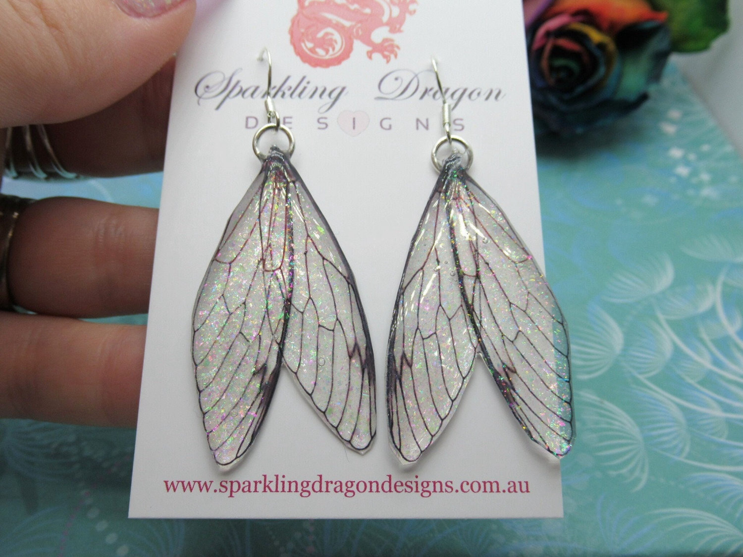 Shimmery Pink Green Butterfly Double Wing Earrings - Magical Fairy Jewellery, Fun Gift Present Resin with Glitter Handmade Enchanted Wings