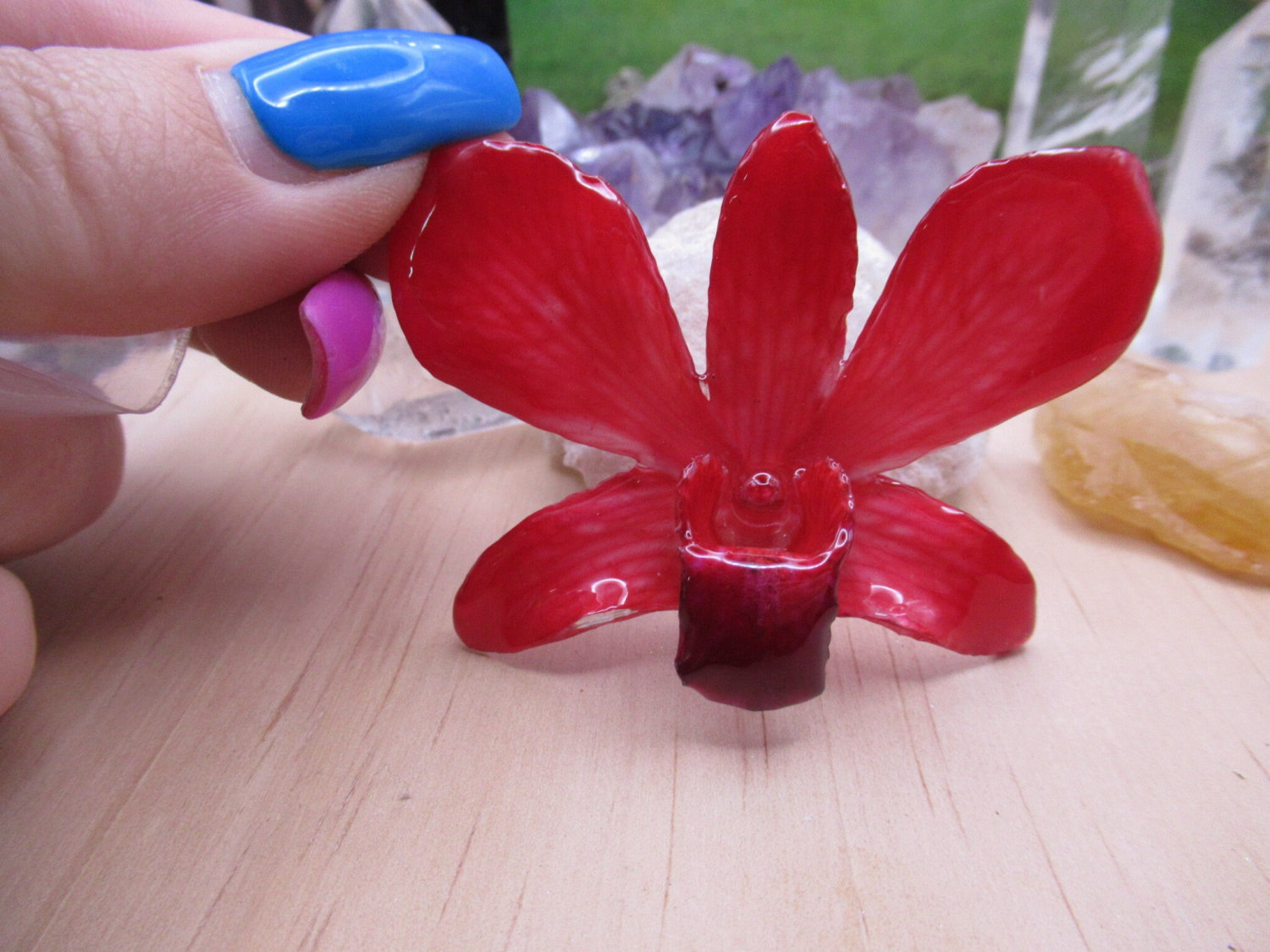 Real Orchid Flower Necklace - Vibrant Red-Pink. This is a REAL Orchid flower which has been preserved in resin making a unique necklace - Image 4