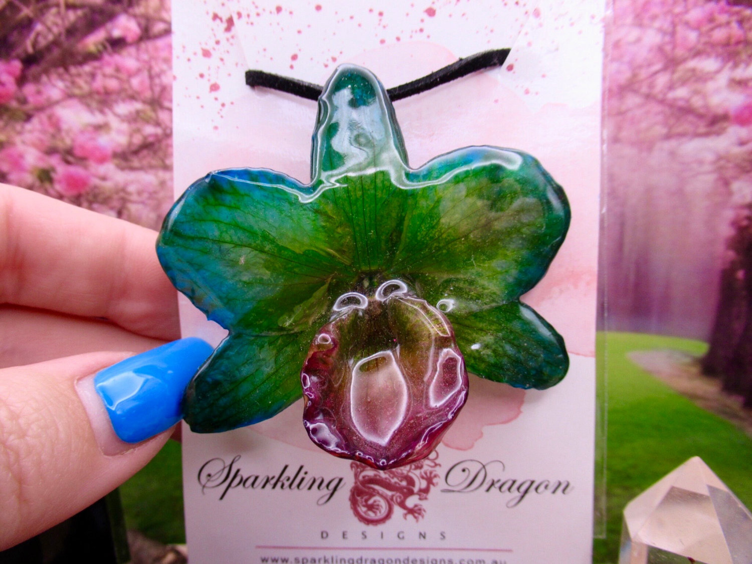 Real Orchid Flower Necklace - Translucent Mermaid Green. This is a REAL Orchid flower preserved in resin, making a unique necklace - Image 2