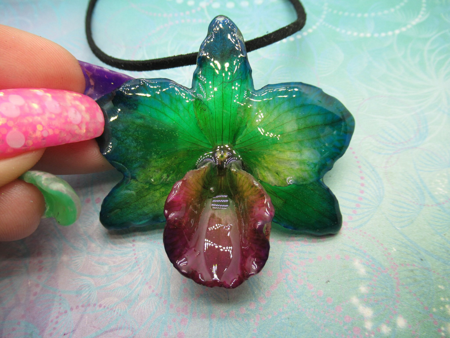 Real Orchid Flower Necklace - Translucent Mermaid Green. This is a REAL Orchid flower preserved in resin, making a unique necklace - Image 4