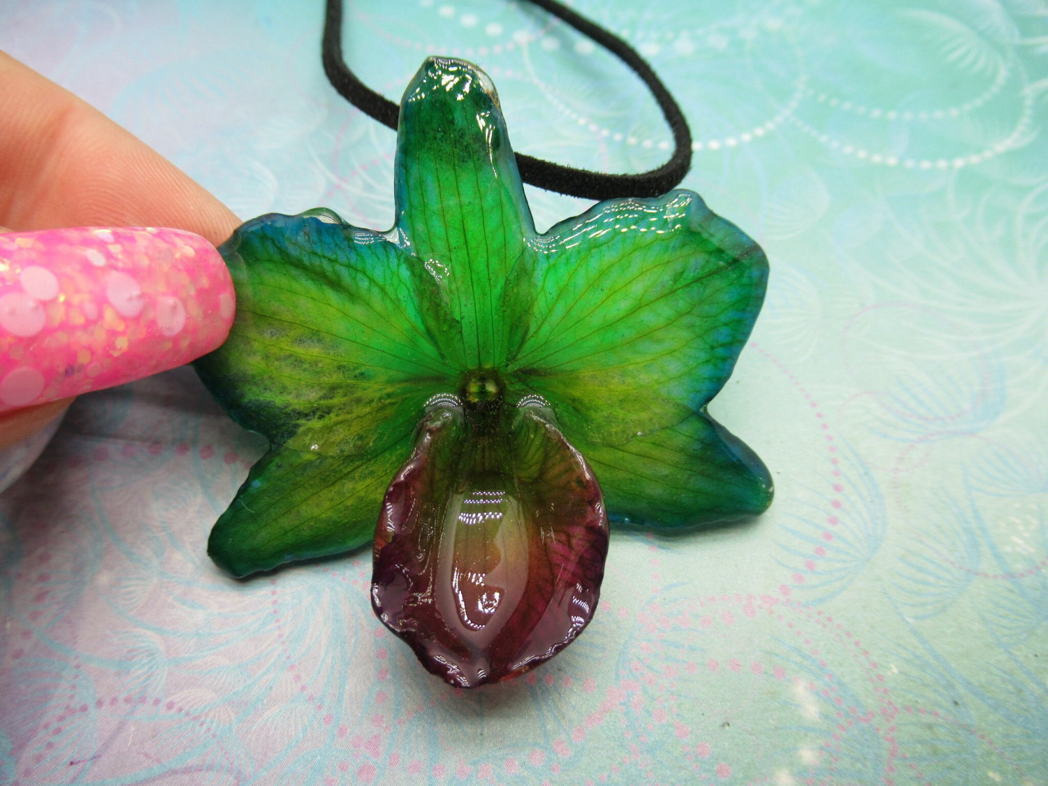 Real Orchid Flower Necklace - Translucent Mermaid Green. This is a REAL Orchid flower preserved in resin, making a unique necklace - Image 6