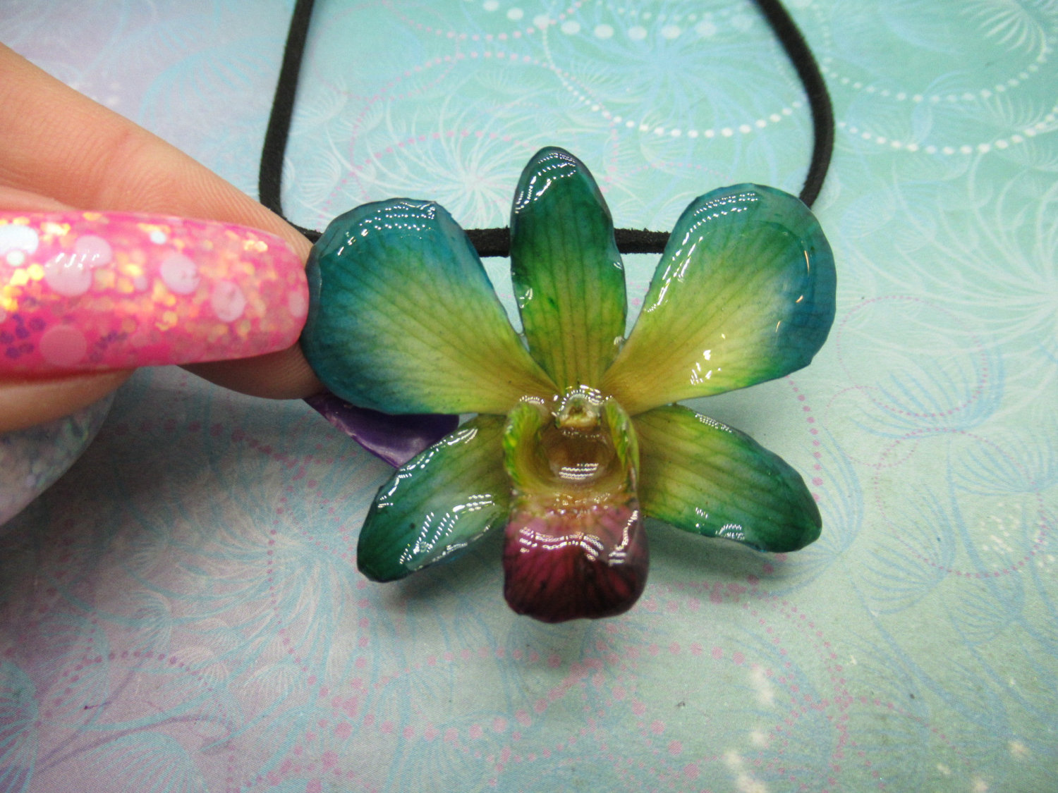 Real Orchid Flower Necklace - Green/Blue/Yellow. This is a REAL Orchid flower that has been preserved in resin making a unique necklace - Image 4