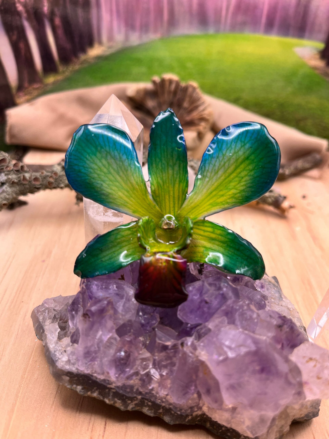 Real Orchid Flower Necklace - Green/Blue/Yellow. This is a REAL Orchid flower that has been preserved in resin making a unique necklace - Image 5