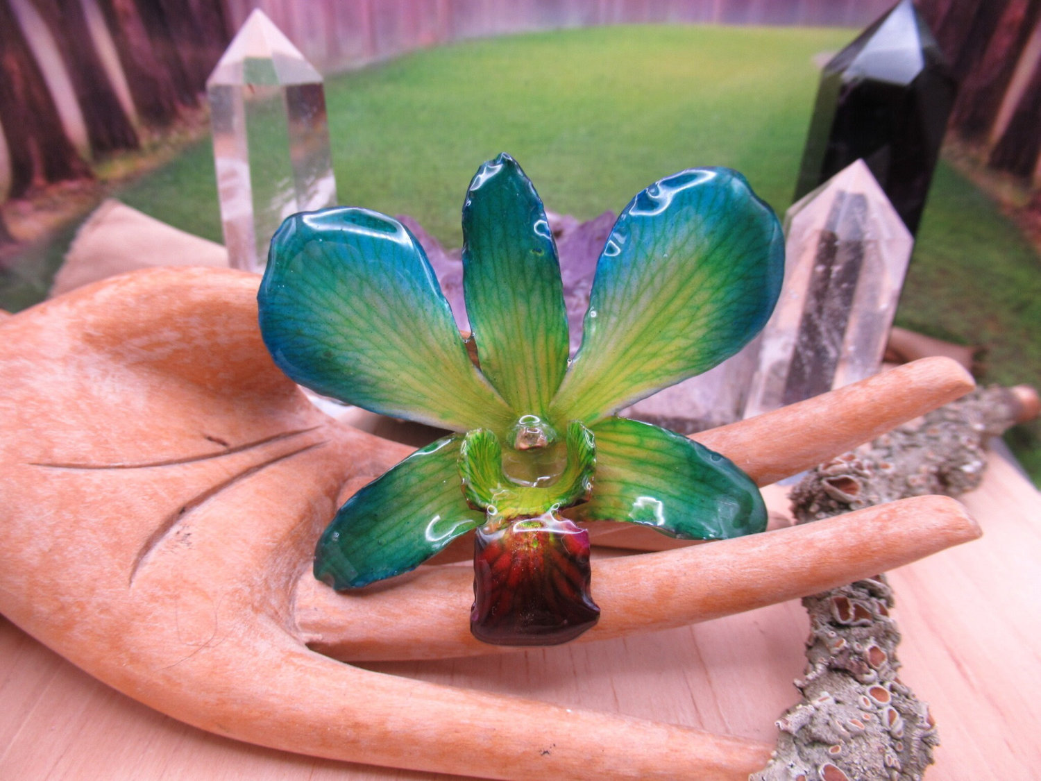 Real Orchid Flower Necklace - Green/Blue/Yellow. This is a REAL Orchid flower that has been preserved in resin making a unique necklace - Image 6