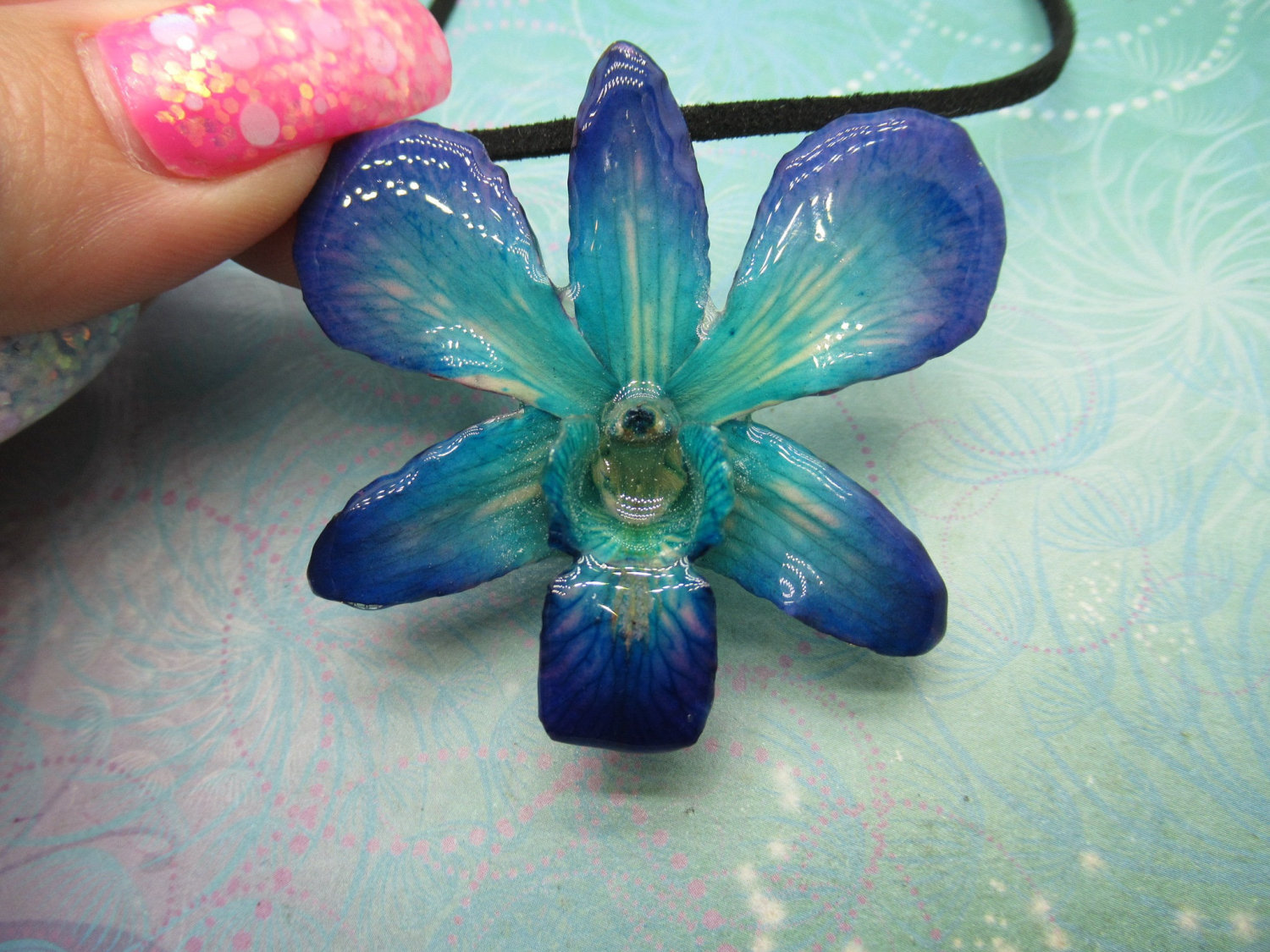 Real Orchid Flower Necklace - Cyan/Blue/Purple. This is a REAL Orchid flower which has been preserved in resin making a unique necklace - Image 6