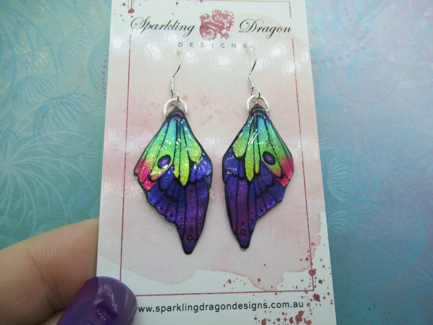 Rainbow & Purple Butterfly Wing Earrings: Enchanting fairy jewelry, a fun gift with sparkling wings in glittering resin. FairyFashion.