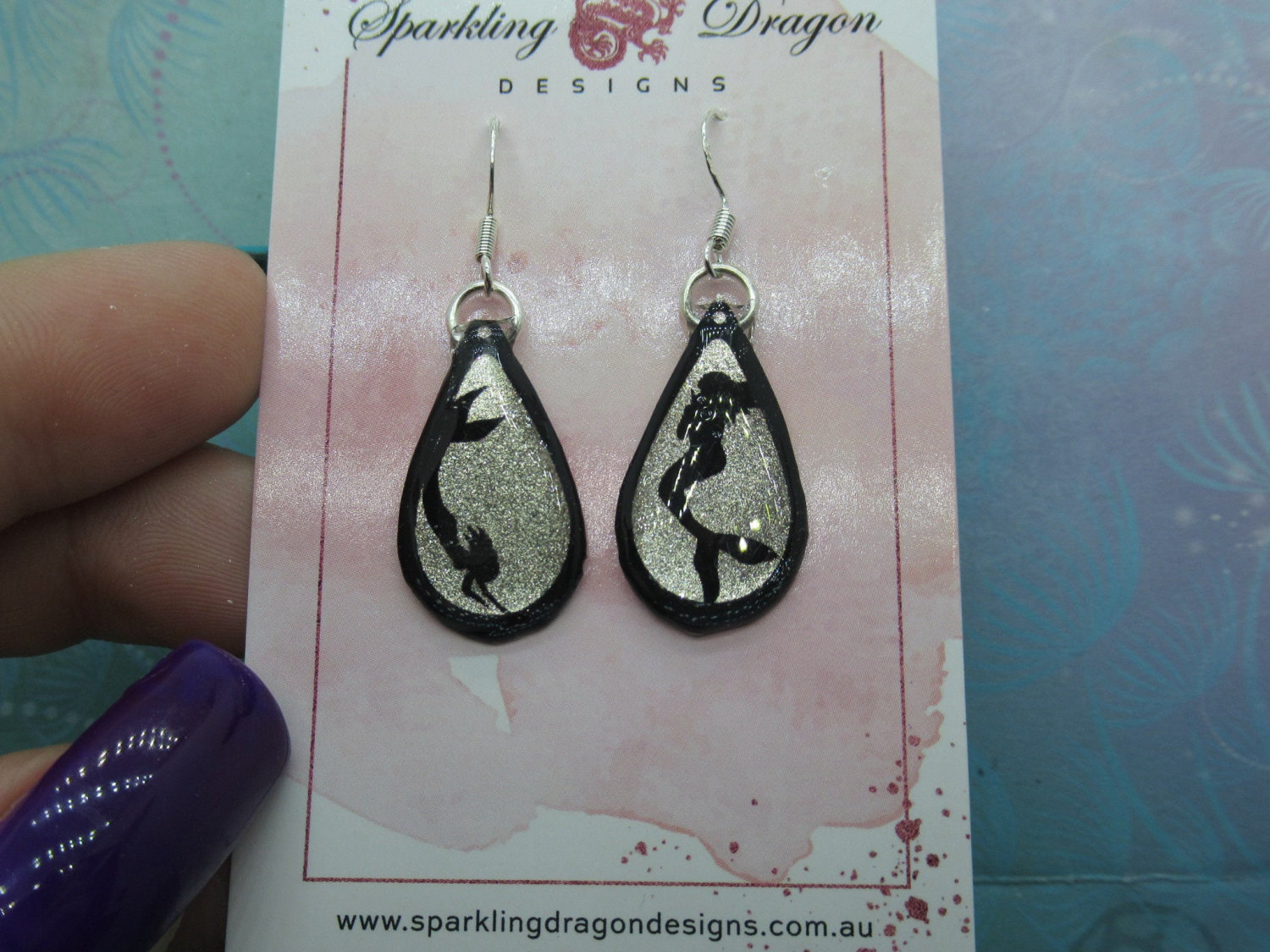 Rain Drop Mermaid Earrings - New Age Boho gift - Sparkling Silver in Resin with Glitter Finish - Image 3