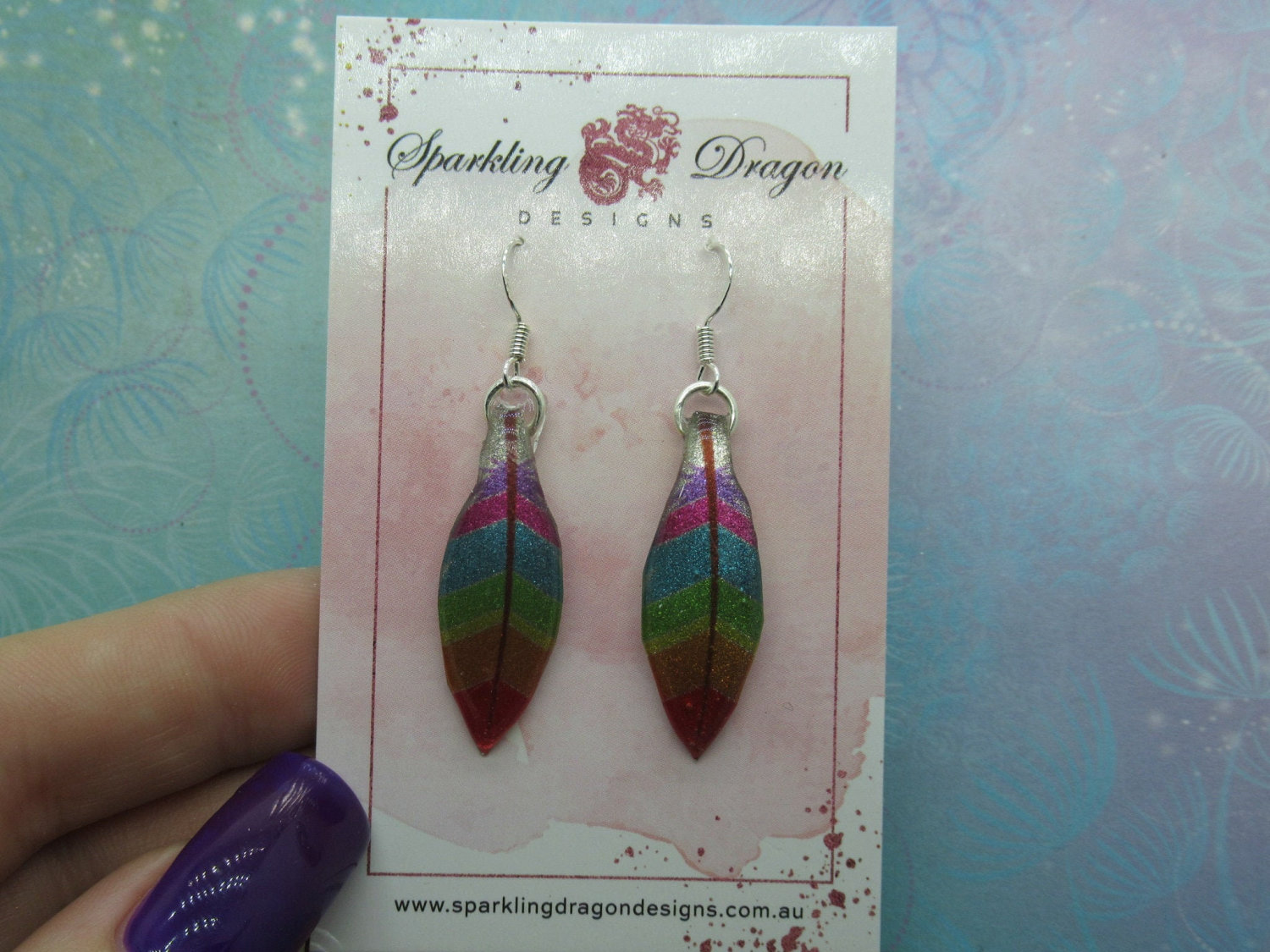 Pretty Feather Earrings Lovely Mixed Colours - New Age Boho gift - Resin with Glitter Finish - Image 2