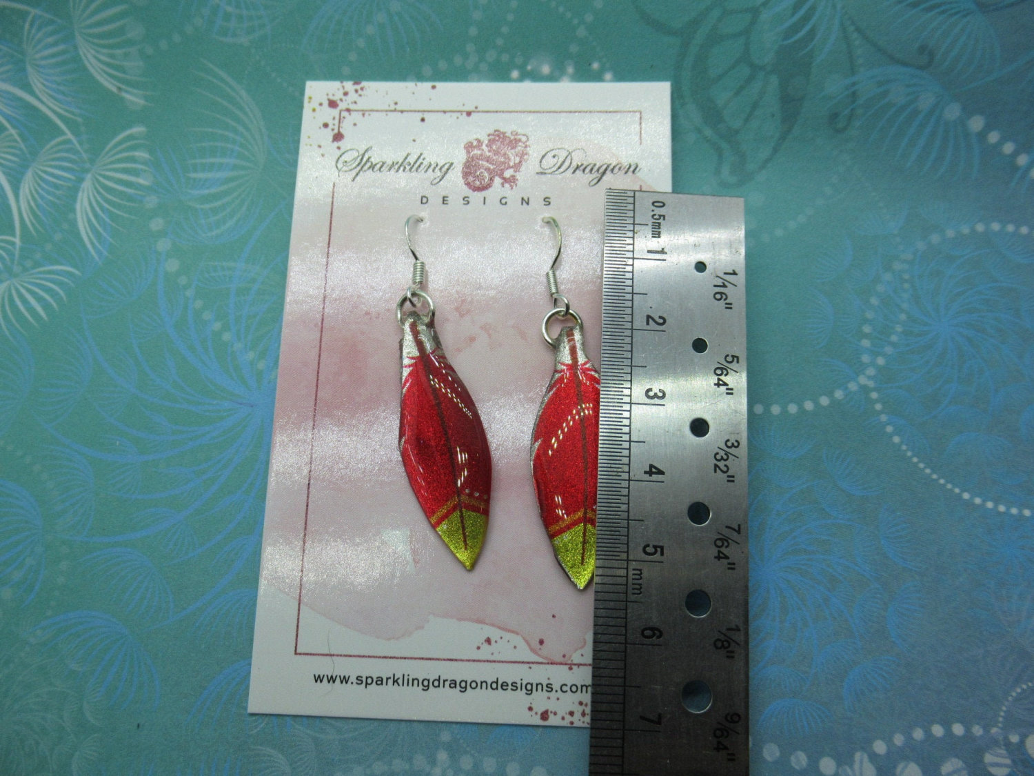 Pretty Feather Earrings - New Age Boho gift - Lovely Red, Yellow and an Orange Stripe Colours in Resin with Glitter Finish - Image 3