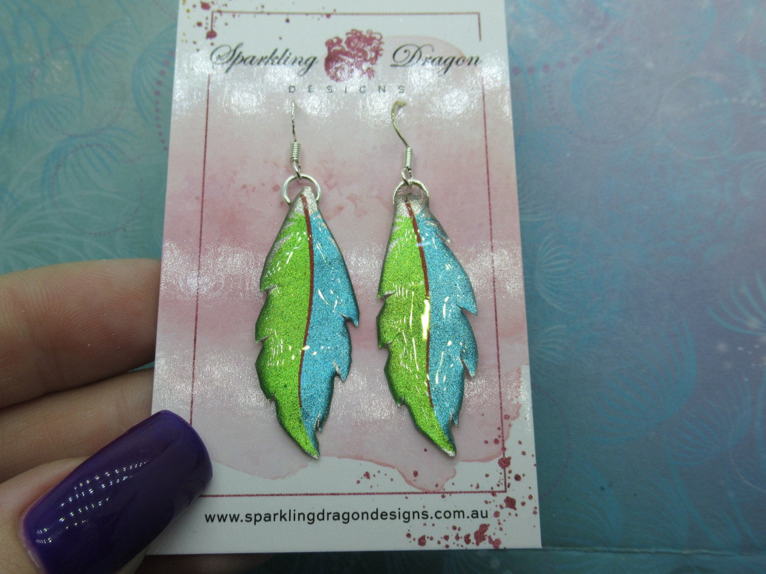 Pretty Feather Earrings - New Age Boho gift - Lovely Blue & Green Colours in Resin with Glitter Finish