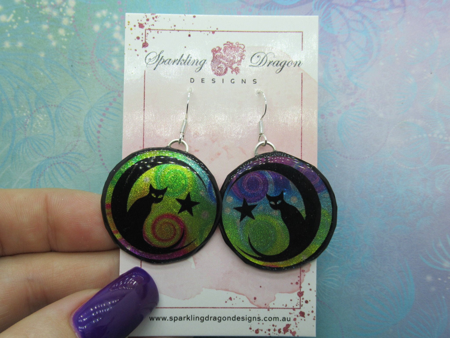 Mystic Kitty Witchy Cat Earrings - New Age Boho gift - Swirling Purle & Green in Resin with Glitter Finish - Image 2