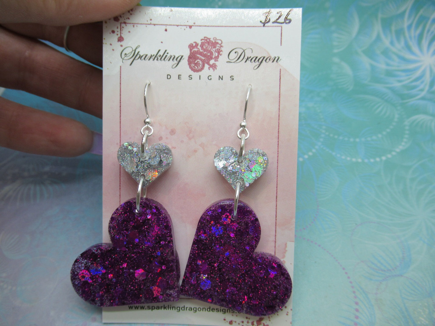 Love Heart Earrings - Statement Purple & Holo Silver - Image 2