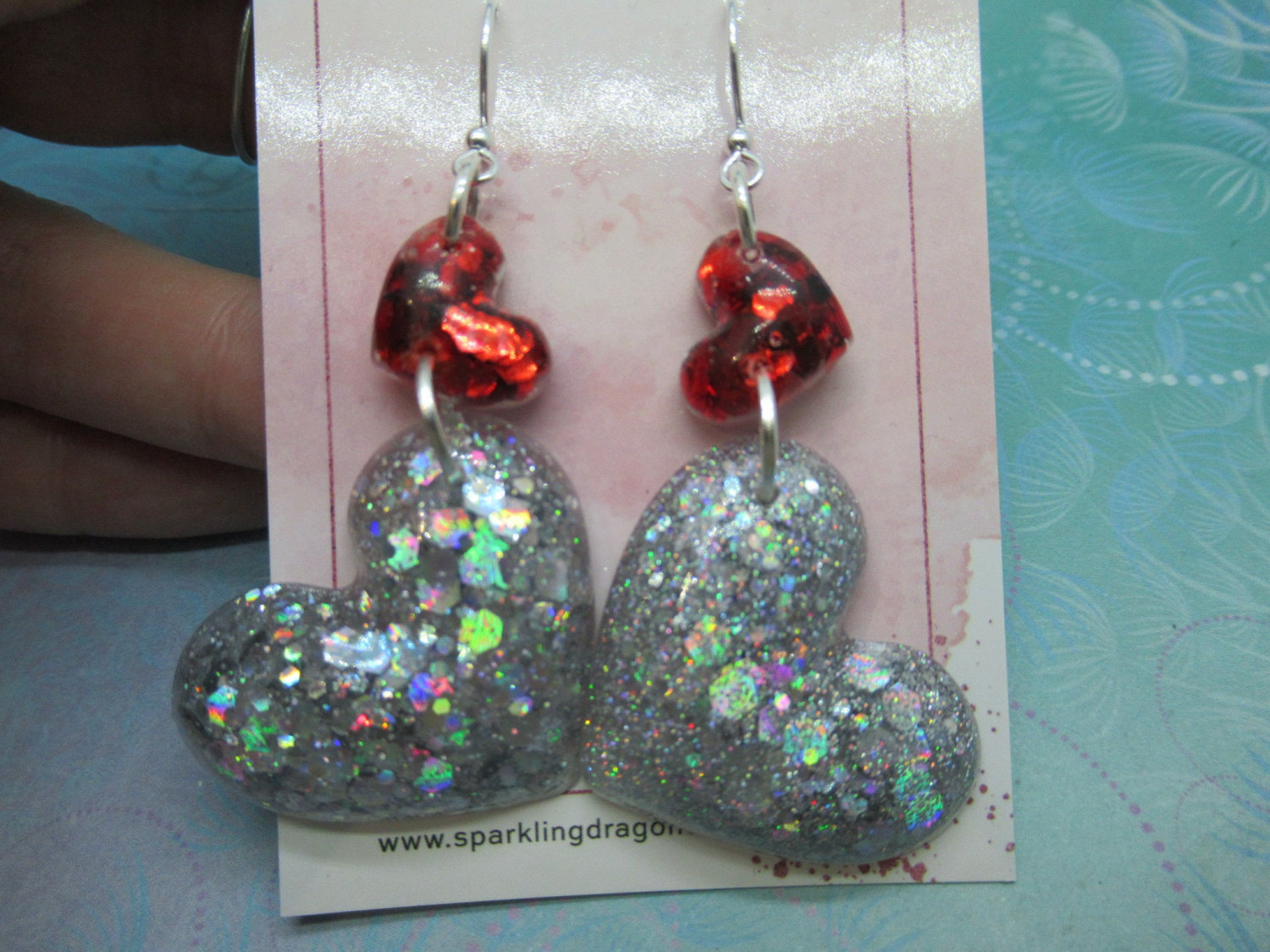 Love Heart Earrings - Statement Puffy Holo Silver and Sparkly Red Hearts
