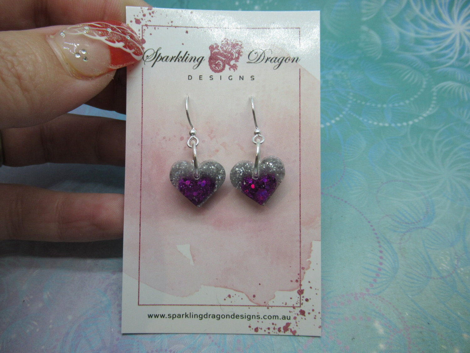 Love Heart Earrings - Heart In Heart Holo Purple Sparkle - Image 2
