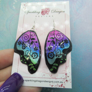 Floral Butterfly Wing Earrings – Iridescent Glitter Resin, Fairy Jewelry