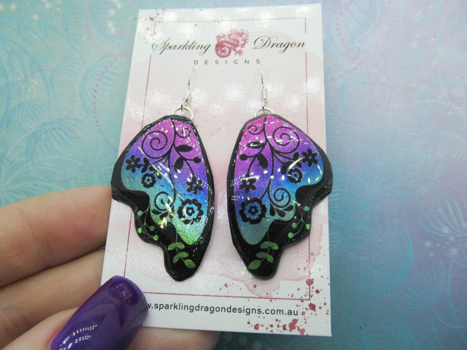 Floral Butterfly Wing Earrings – Iridescent Glitter Resin, Fairy Jewelry