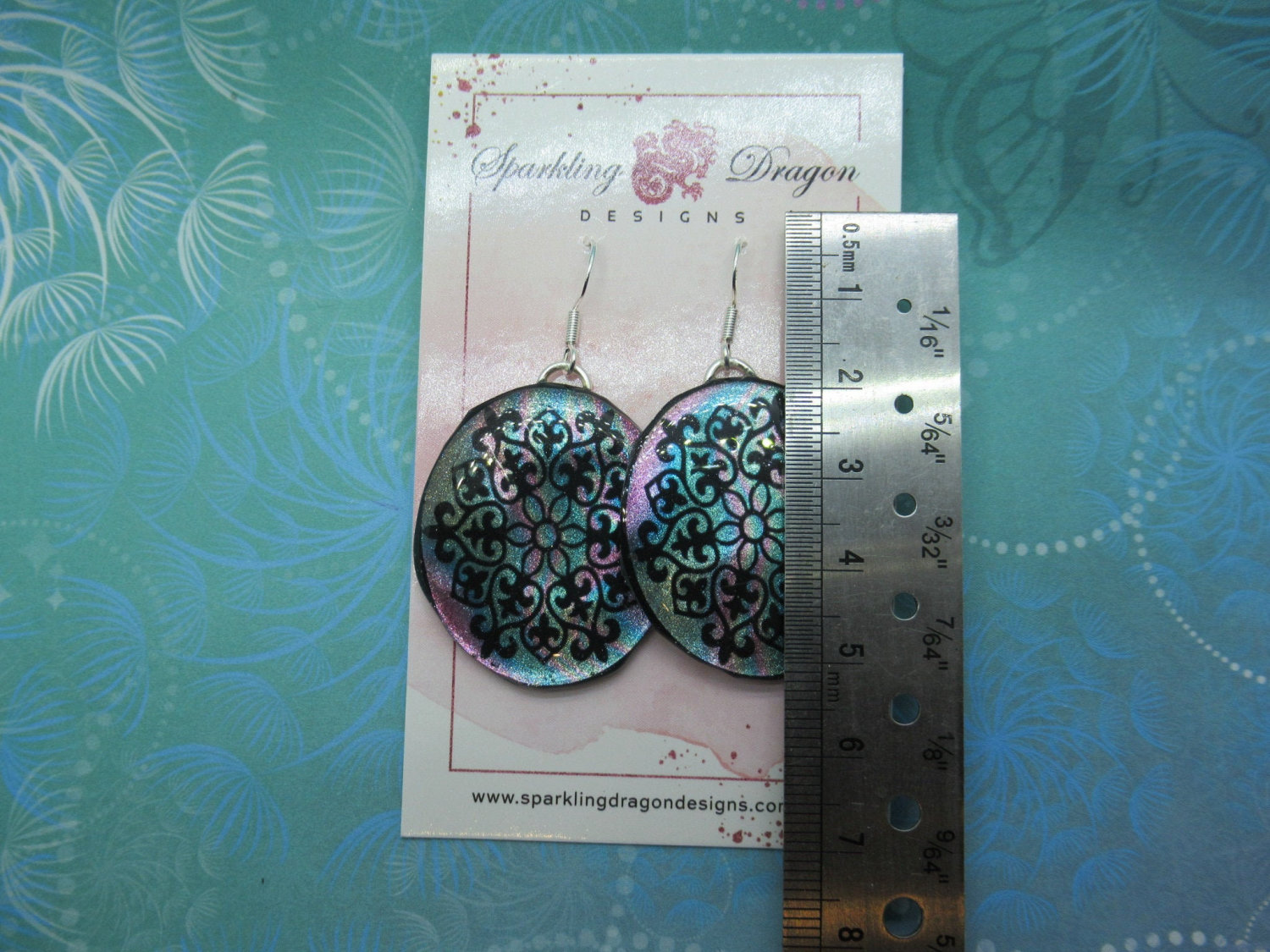 Elegant Motif Earrings -Blue and Pink - New Age Boho gift - Swirling Colours in Resin with Glitter Finish - Image 3