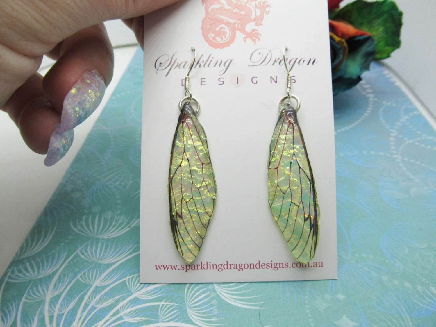 Butterfly Yellow Gold & Green Shimmer Earrings - Fairy Jewellery Fun Statement Present Boho Resin Dragonfly Cicada Wings Handmade Gift - Image 3