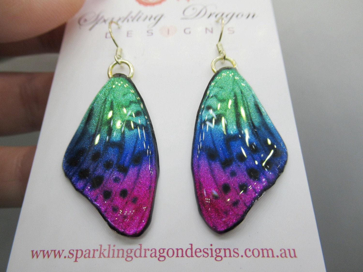 Butterfly Wings Earrings Pink, Purple & Green - Fairy Jewellery, Fun Gift for her Fairy Wing Earrings - Sparkly - Resin with Glitter Finish