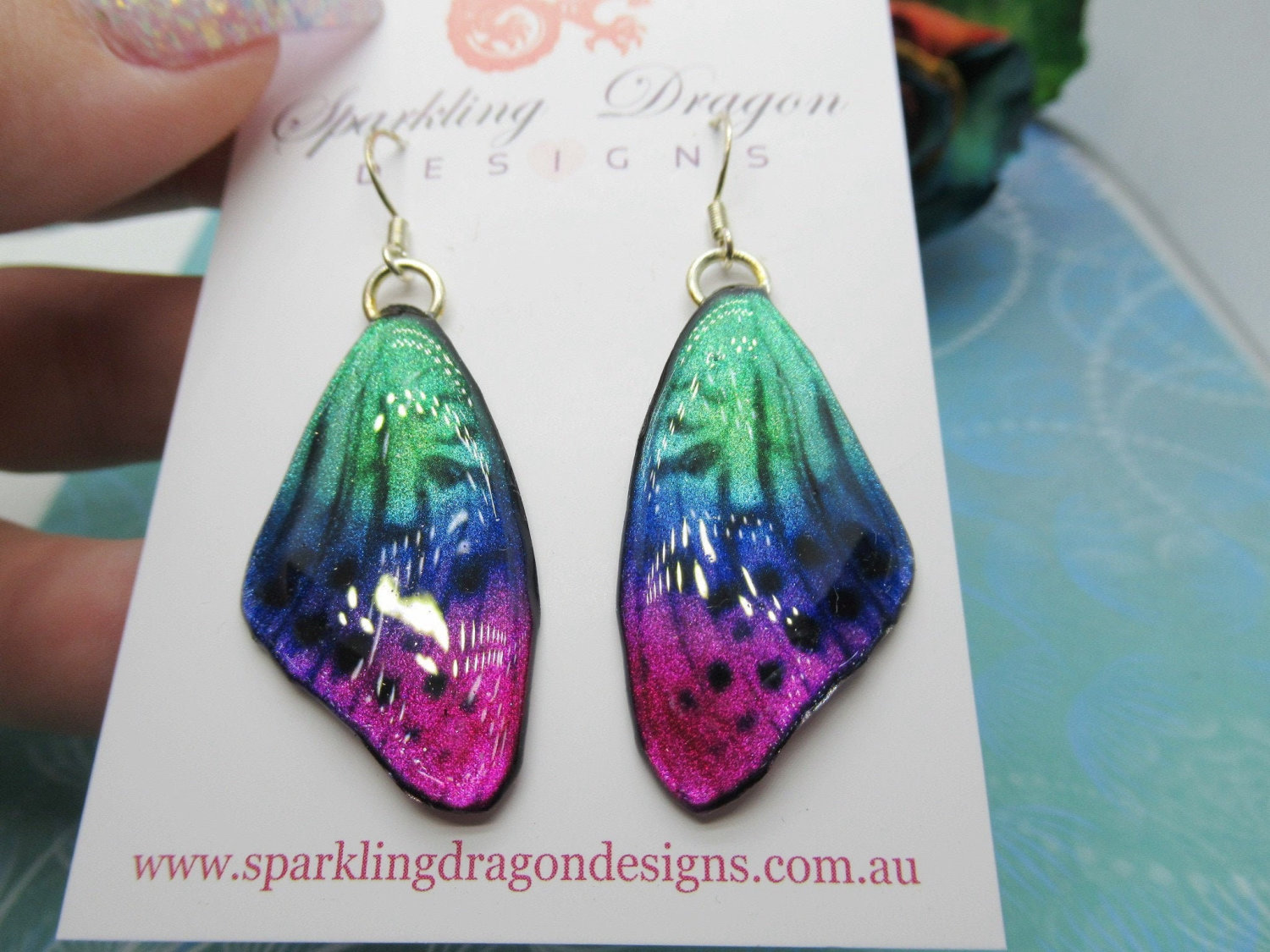 Butterfly Wings Earrings Pink, Purple & Green - Fairy Jewellery, Fun Gift for her Fairy Wing Earrings - Sparkly - Resin with Glitter Finish - Image 9