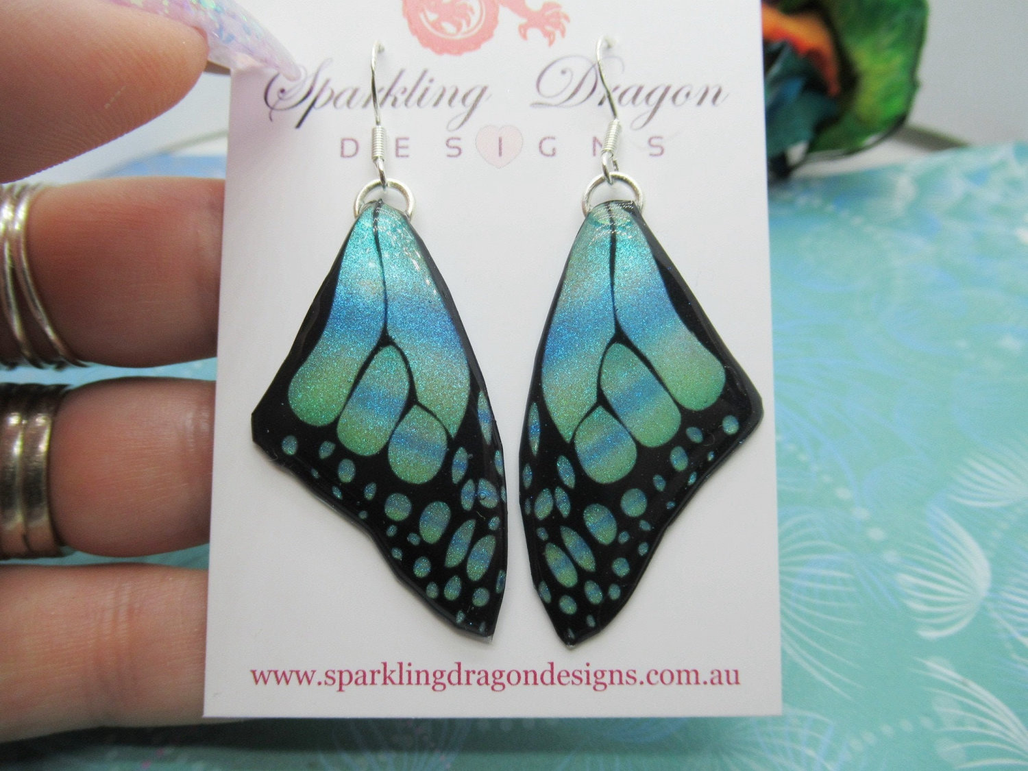 Butterfly Wing Medium Size Earrings Soft Blue Stained Glass- Fairy Jewellery, Fairy Wing Earrings - Sparkly - Resin with Glitter Finish