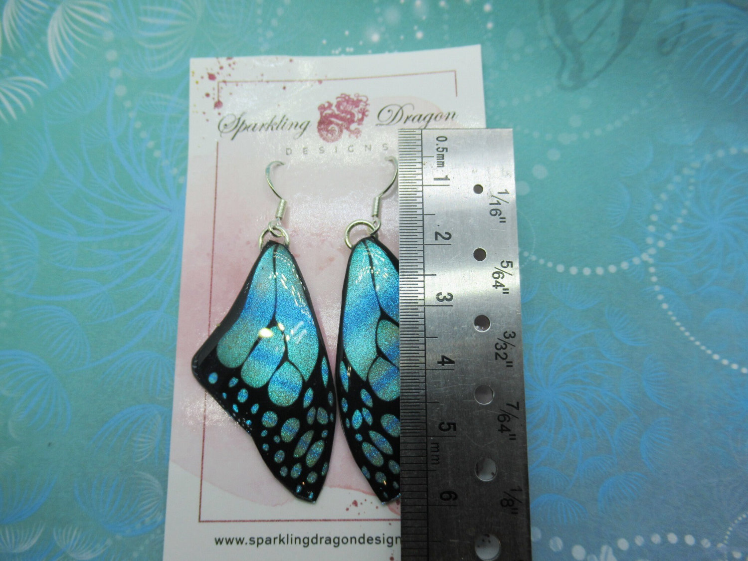 Butterfly Wing Medium Size Earrings Green Stained Glass- Fairy Jewellery, Fairy Wing Earrings - Sparkly - Resin with Glitter Finish - Image 4