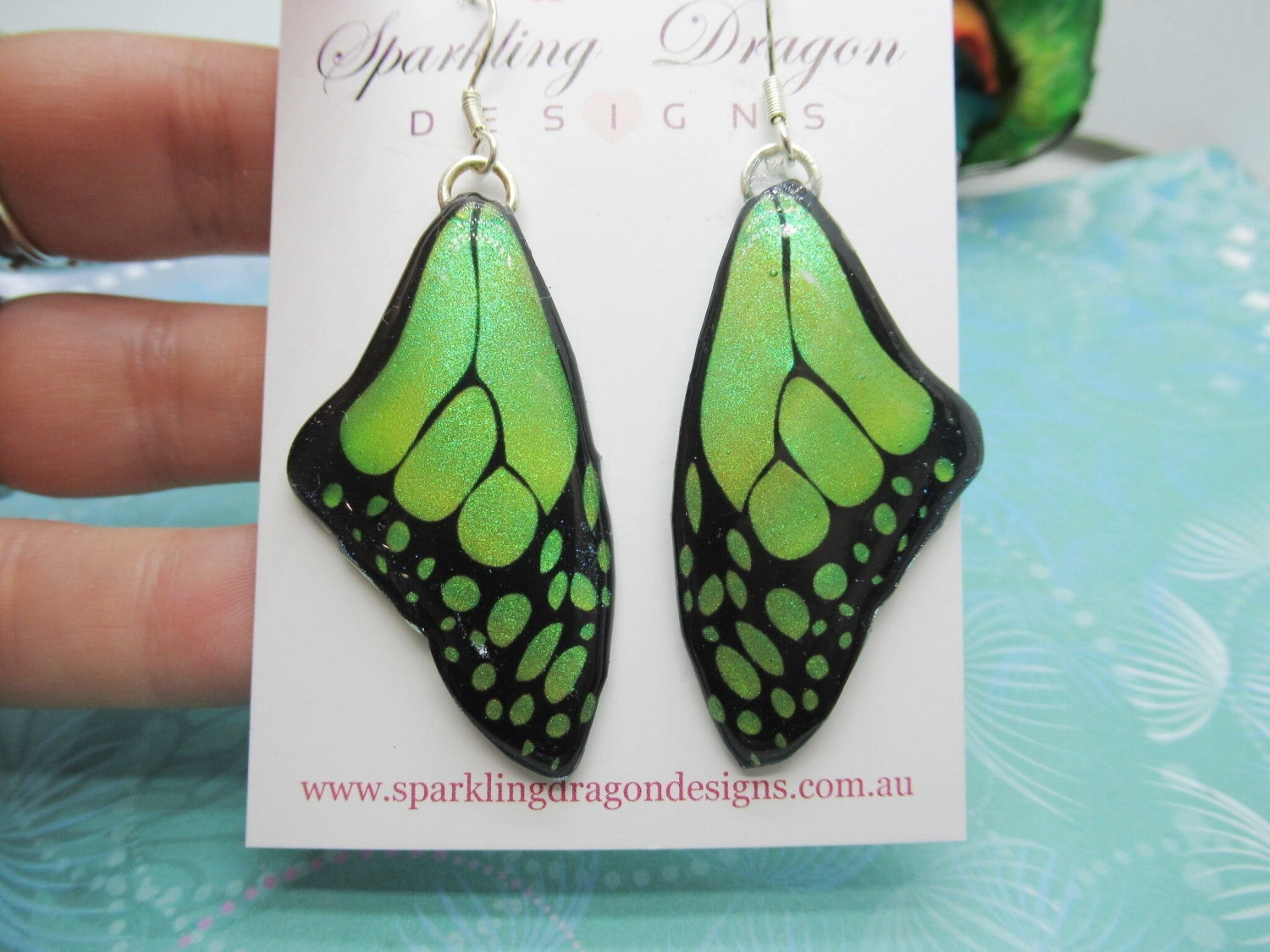 Butterfly Wing Medium Size Earrings Green Stained Glass- Fairy Jewellery, Fairy Wing Earrings - Sparkly - Resin with Glitter Finish - Image 5