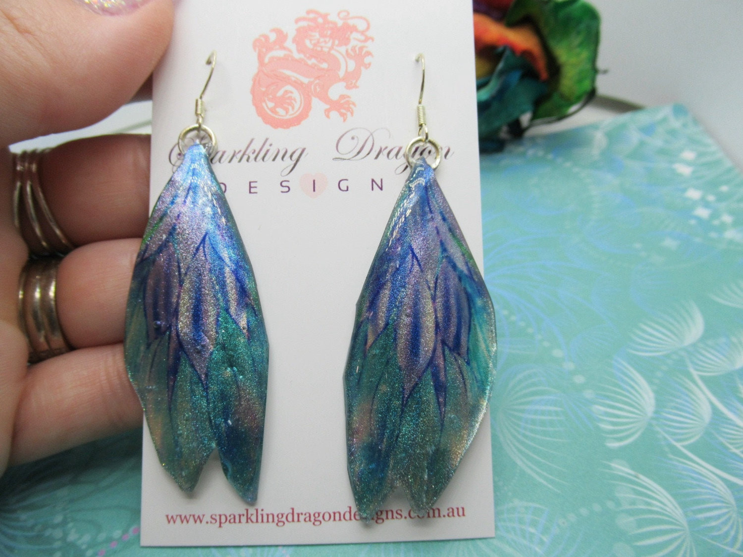 Butterfly Wing Earrings Two Silvery Blues - Fairy Jewellery, Fun Gift for her Fairy Wing Earrings - Sparkly - Resin with Glitter Finish - Image 2