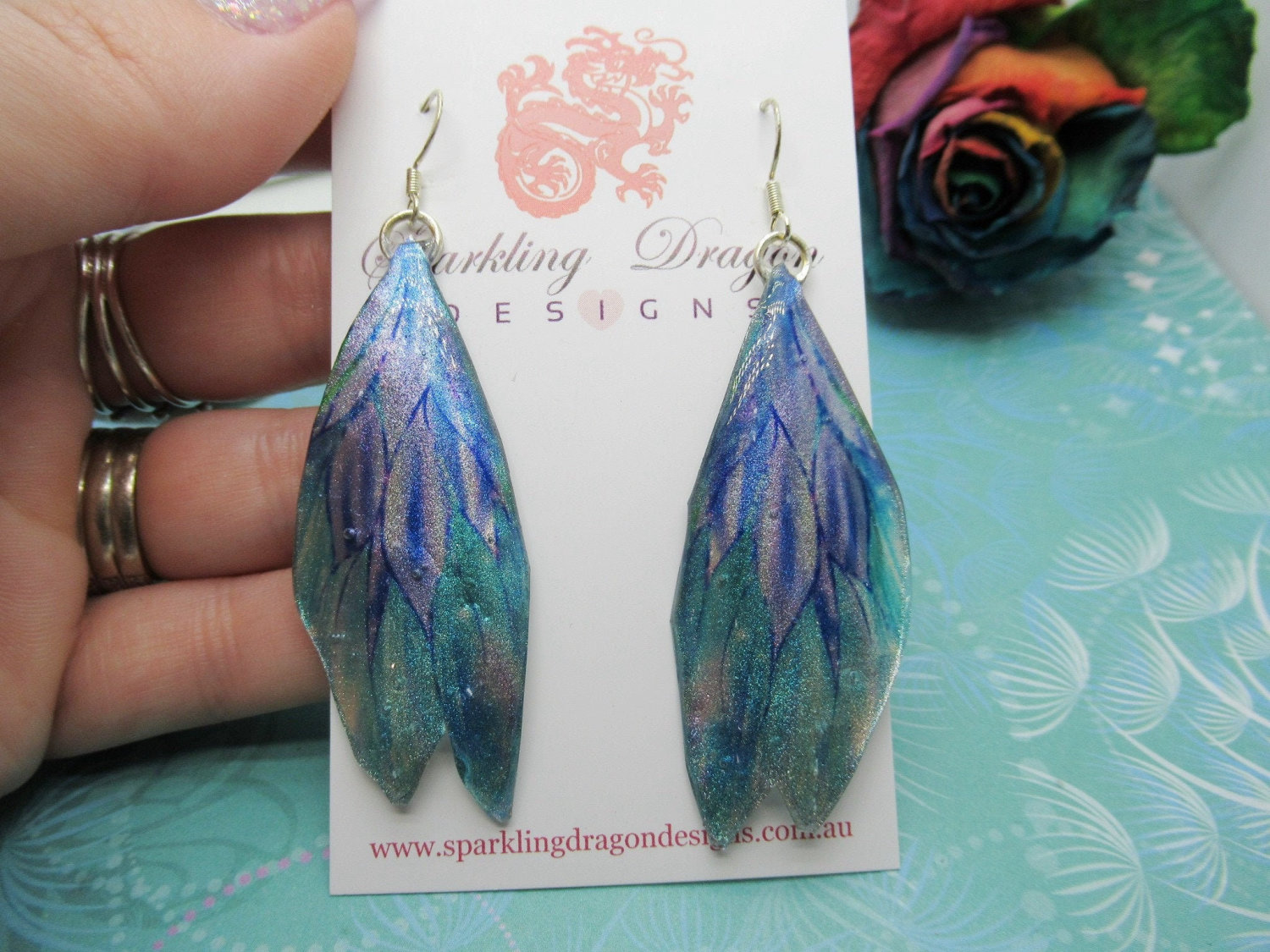 Butterfly Wing Earrings Two Silvery Blues - Fairy Jewellery, Fun Gift for her Fairy Wing Earrings - Sparkly - Resin with Glitter Finish - Image 3