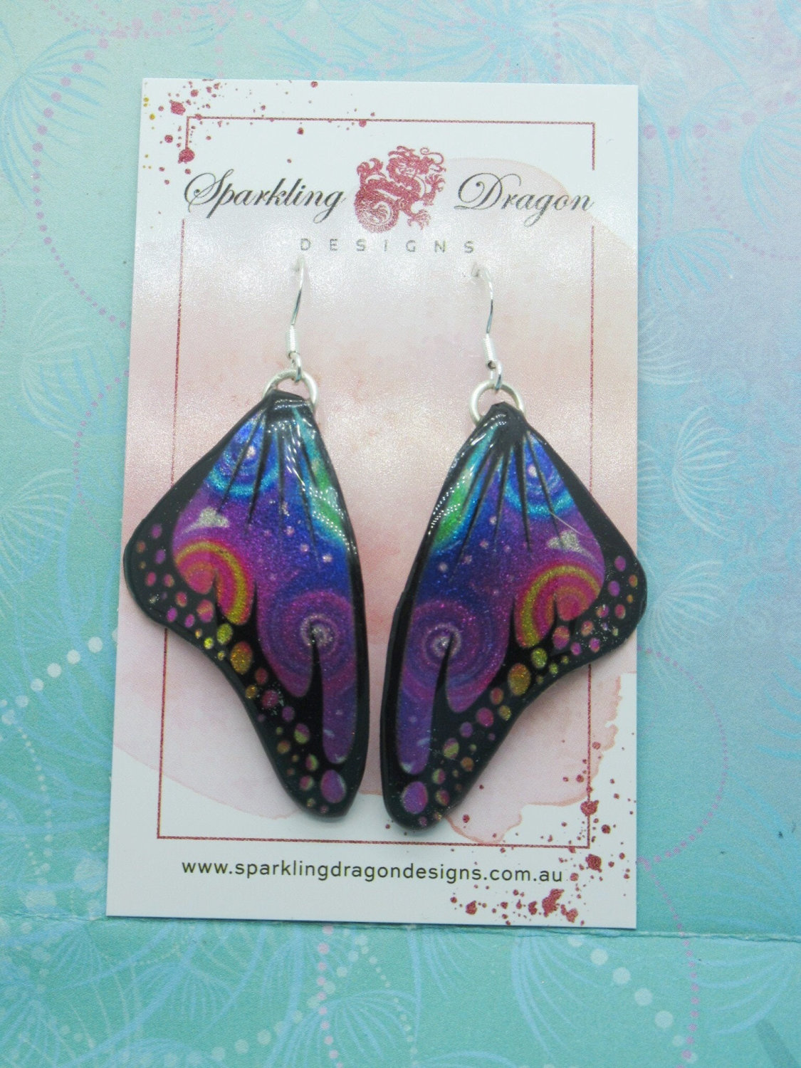 Butterfly Wing Earrings Swirling Rainbow - Fairy Jewellery, Fun Gift for her Fairy Wing Earrings - Sparkly - Resin with Glitter Finish