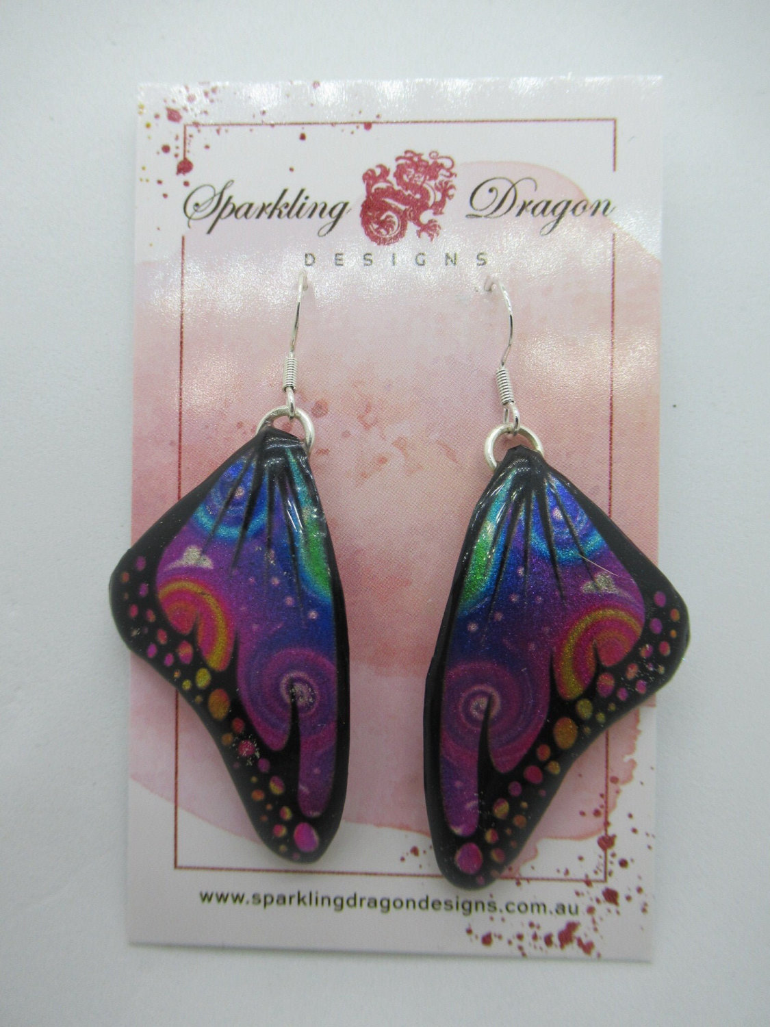 Butterfly Wing Earrings Swirling Rainbow - Fairy Jewellery, Fun Gift for her Fairy Wing Earrings - Sparkly - Resin with Glitter Finish - Image 3