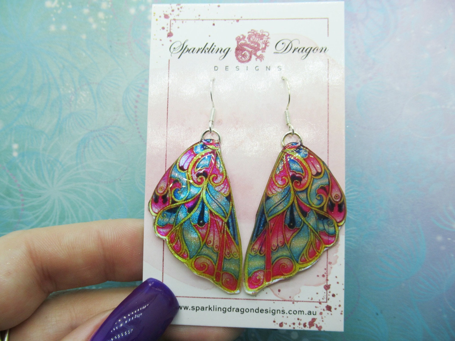 Butterfly Wing Earrings Stained Glass- Fairy Jewellery, Fun Gift for her Fairy Wing Earrings - Sparkly - Resin with Glitter Finish - Image 5