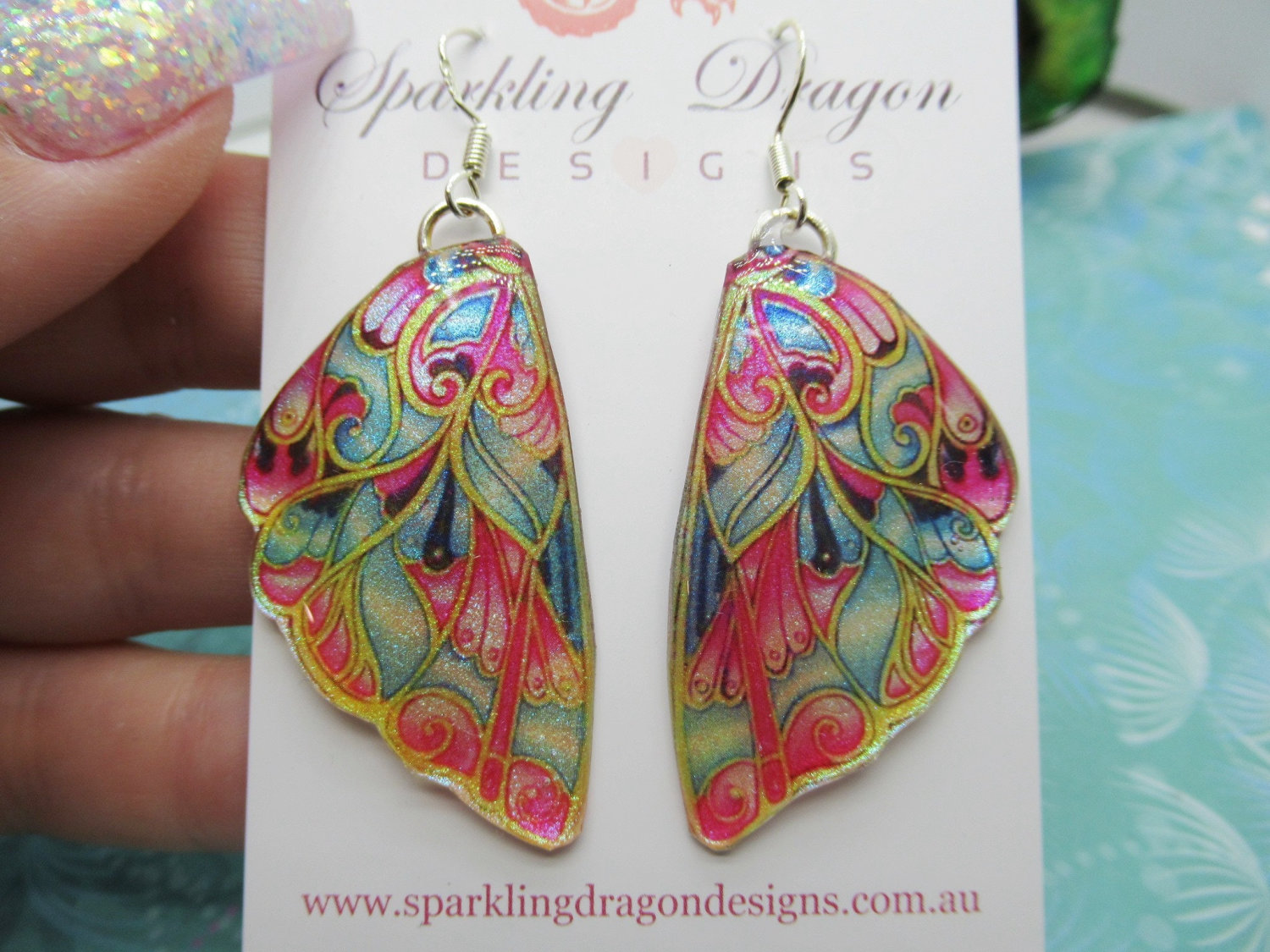 Butterfly Wing Earrings Stained Glass- Fairy Jewellery, Fun Gift for her Fairy Wing Earrings - Sparkly - Resin with Glitter Finish - Image 7