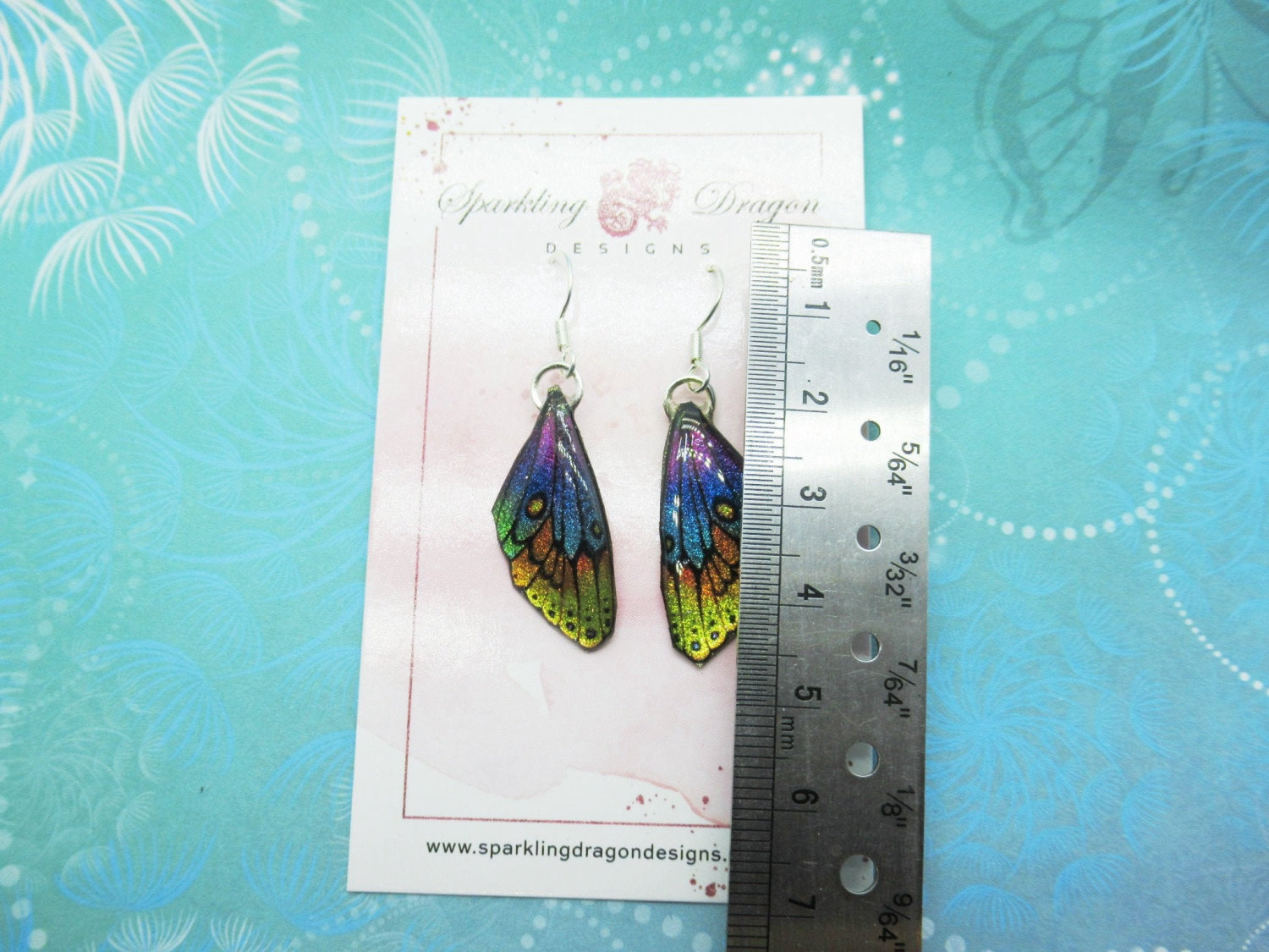 Butterfly Wing Earrings Rainbow, Yellow to Pink - Fairy Jewellery, Fun Gift for her Statement Present Sparkly - Resin with Glitter Finish - Image 2