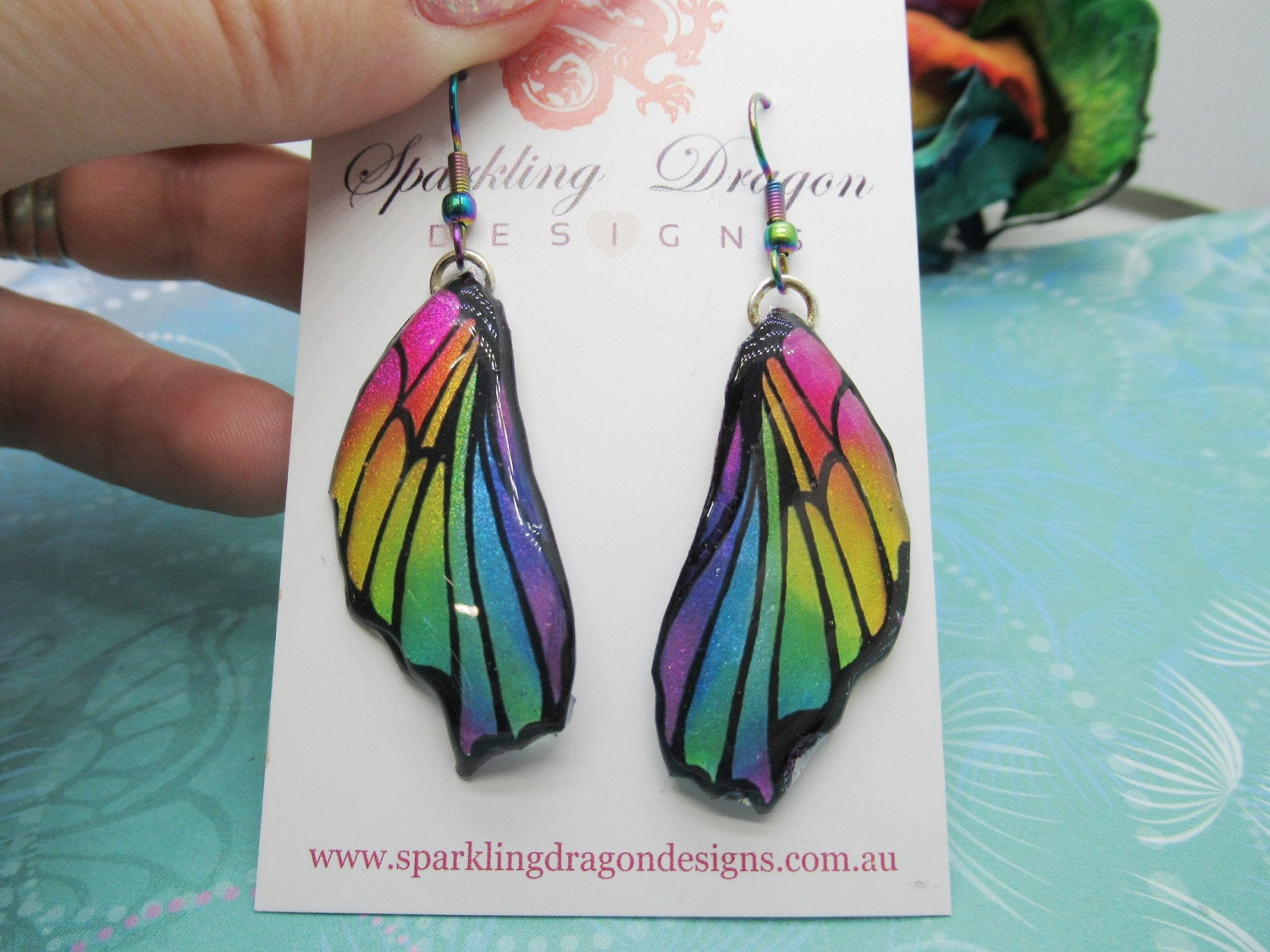 Butterfly Wing Earrings Rainbow - Fairy Jewellery, Fun Gift for her Fairy Wing Earrings - Sparkly - Resin with Glitter Finish