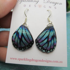 Butterfly Wing Earrings Pink & Blue Hearts - Fairy Jewellery, Fun Gift for her Fairy Wing Earrings - Sparkly - Resin with Glitter Finish