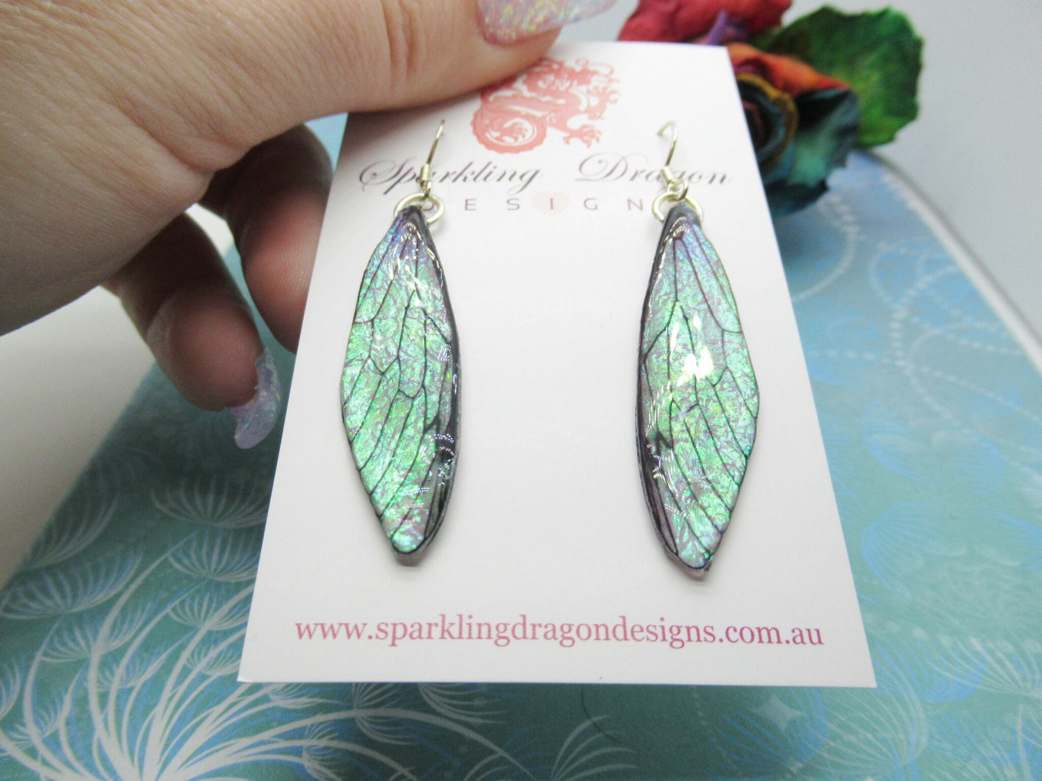 Butterfly Shimmer Wing Earrings - Fairy Jewellery, Fun Gift Fairy Wing Earrings - Sparkly - Rainbow Resin with Glitter Finish Dragonfly - Image 9
