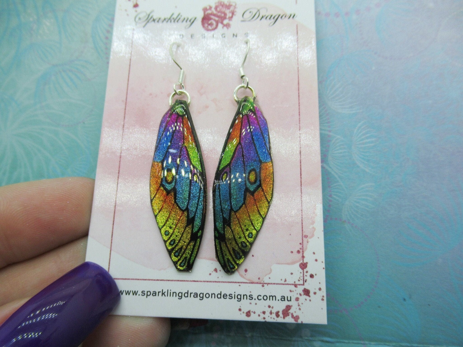 Butterfly Earrings Yellow and Blue Rainbow - Fairy Jewellery, Fun Gift for her Fairy Wing Earrings - Sparkly - Resin with Glitter Finish