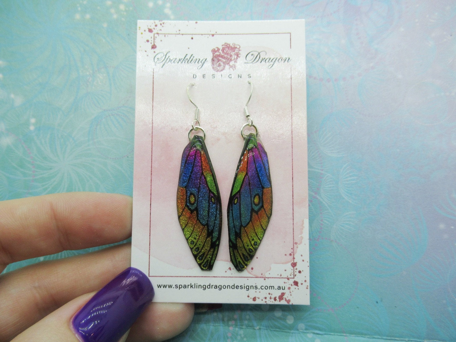 Butterfly Earrings Yellow and Blue Rainbow - Fairy Jewellery, Fun Gift for her Fairy Wing Earrings - Sparkly - Resin with Glitter Finish - Image 2
