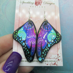 Butterfly Earrings Swirling Pink, Purple & Blue - Fairy Jewellery Fun Gift for her Statement Present Sparkly - Resin with Glitter Finish